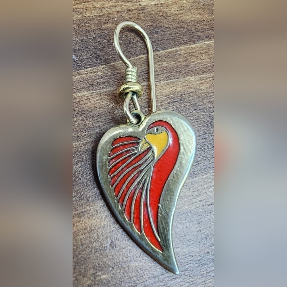 Laurel Burch DOVE HEART Bright Red Gold Tone Dangle Earrings - Picture 3 of 8